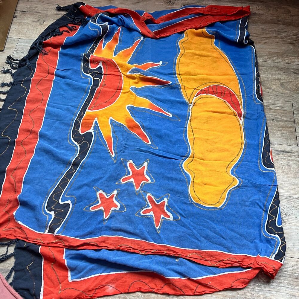 Marianne Breeland Scarf Tiger Sun Stars Rayon 40x58 Bold Art Wrap Tassle Unique - Picture 1 of 7